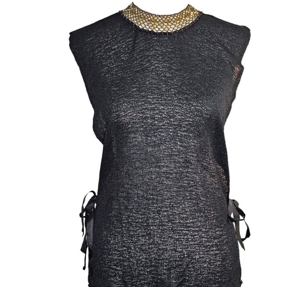 Vintage 90s Saks Fifth Ave Tunic Top Shirt Size S Black Sleeveless Tie Sides